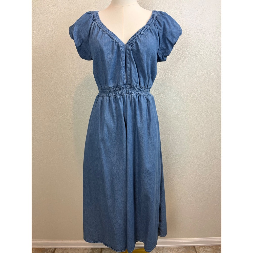 Gap Women's Chambray Midi Dress Puff Sleeve Cottagecore Prairie Blue Casual XS